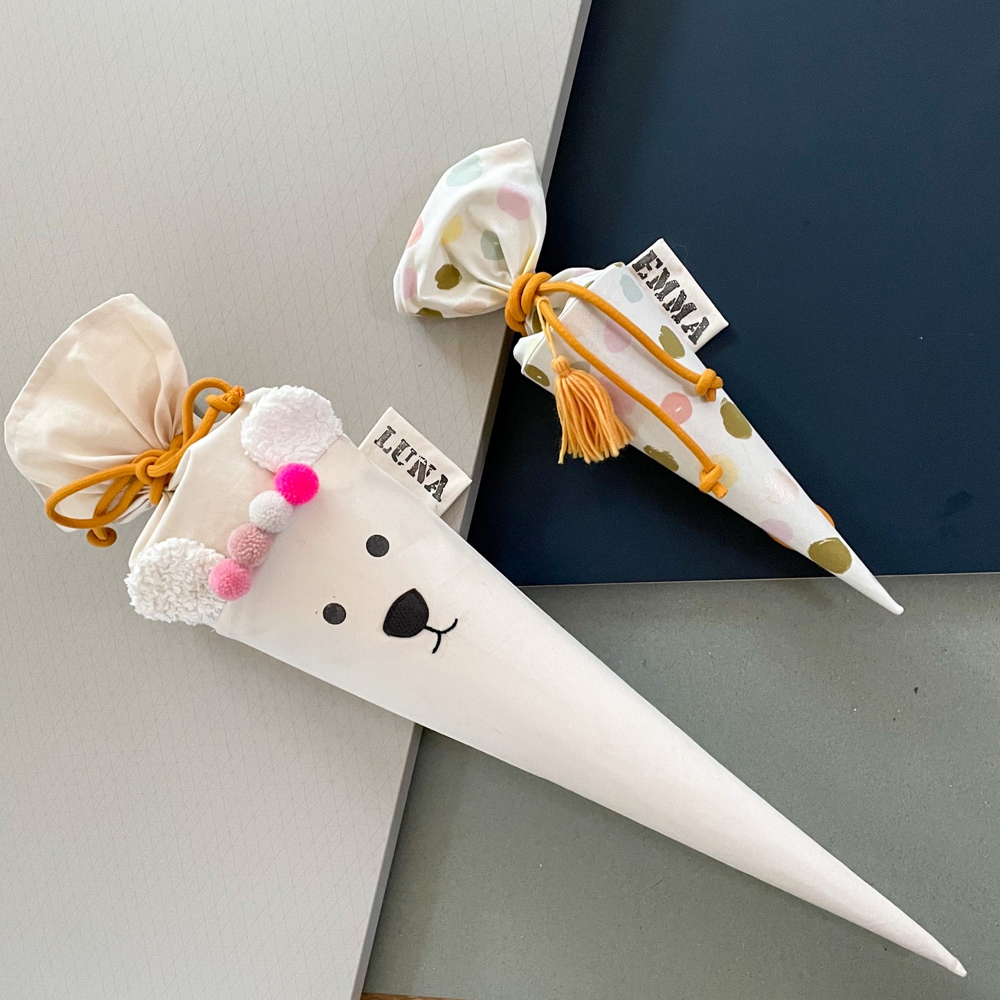 Schultüte mit Namen aus Stoff | Zuckertüte für Mädchen Personalisierbar „LITTLE ICE BEAR LUNA" Bär